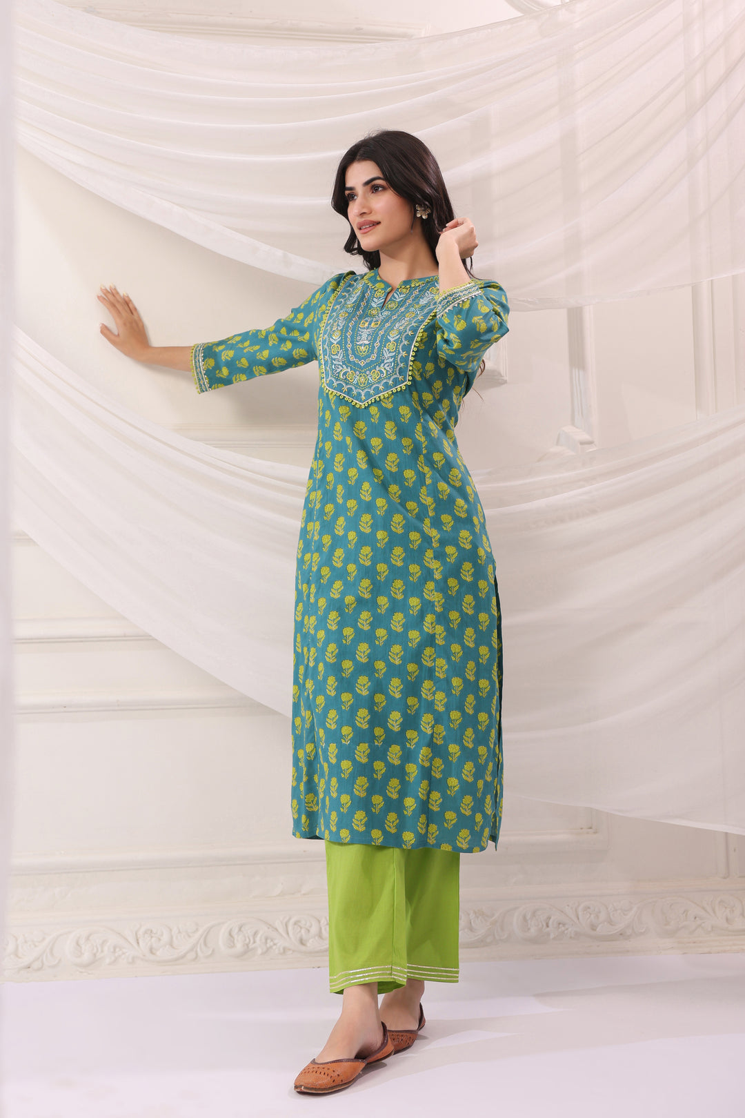 Green Cotton Embroidery Designer Kurta Pant Set