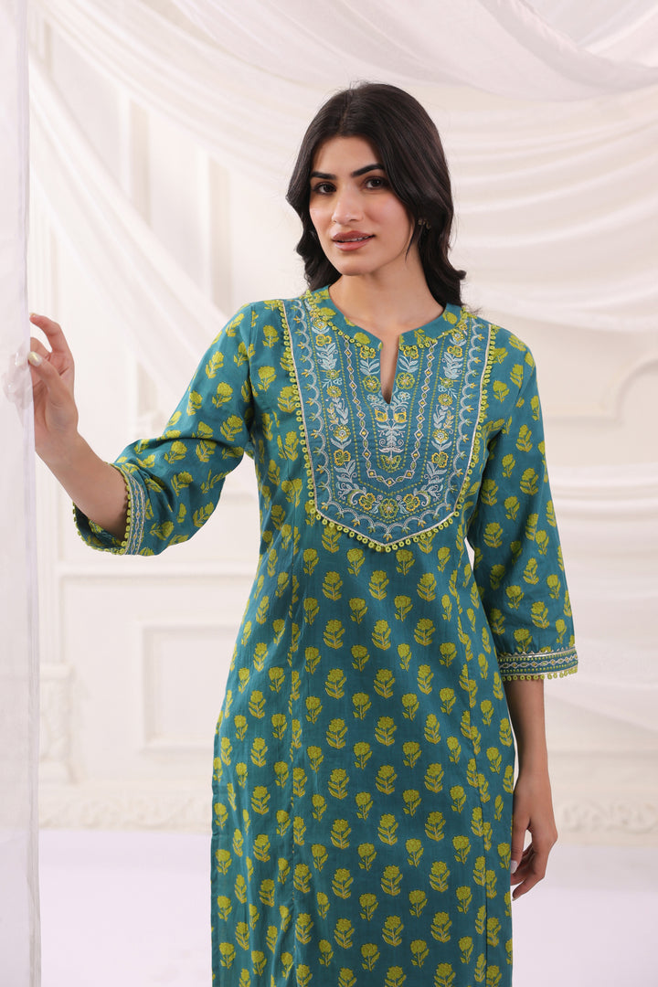 Green Cotton Embroidery Designer Kurta Pant Set