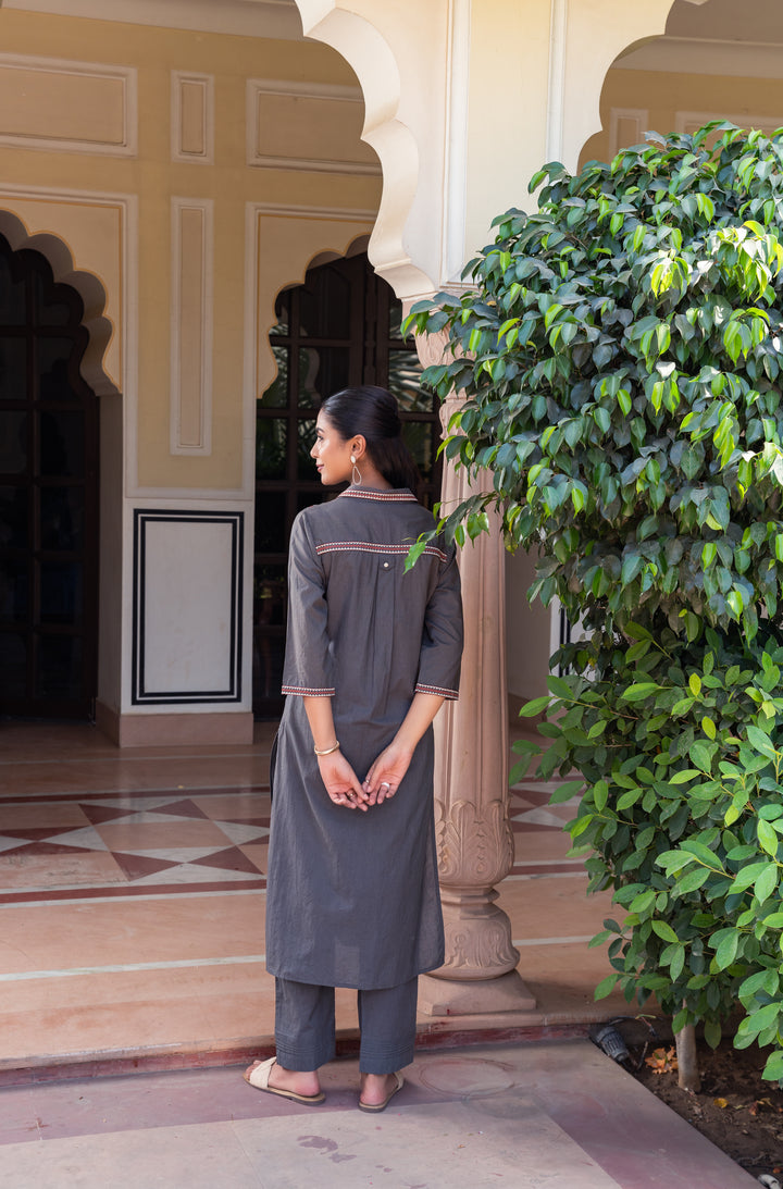 Grey Cotton Embroidered Designer Straight Kurta Pant Set