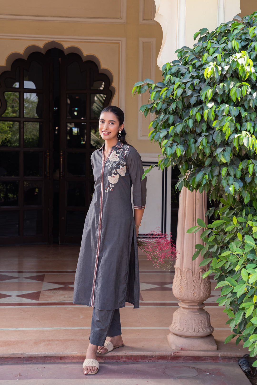 Grey Cotton Embroidered Designer Straight Kurta Pant Set
