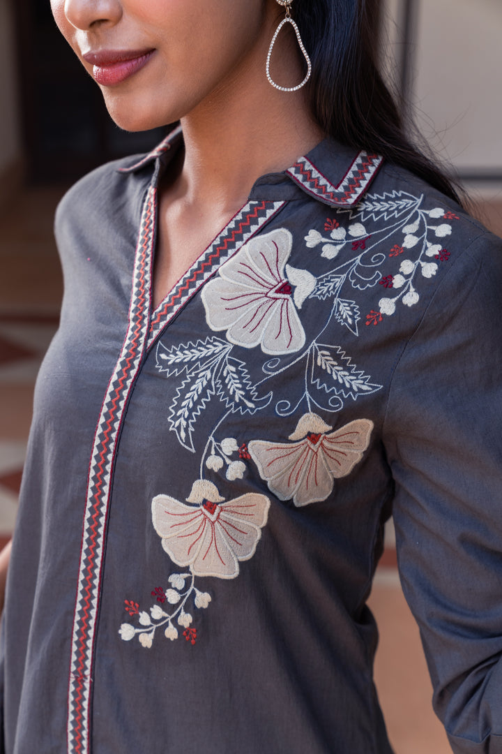 Grey Cotton Embroidered Designer Straight Kurta Pant Set