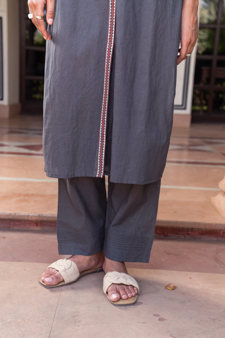 Grey Cotton Embroidered Designer Straight Kurta Pant Set