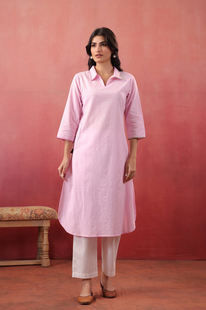Pink Cotton Embroidered Designer Kurta
