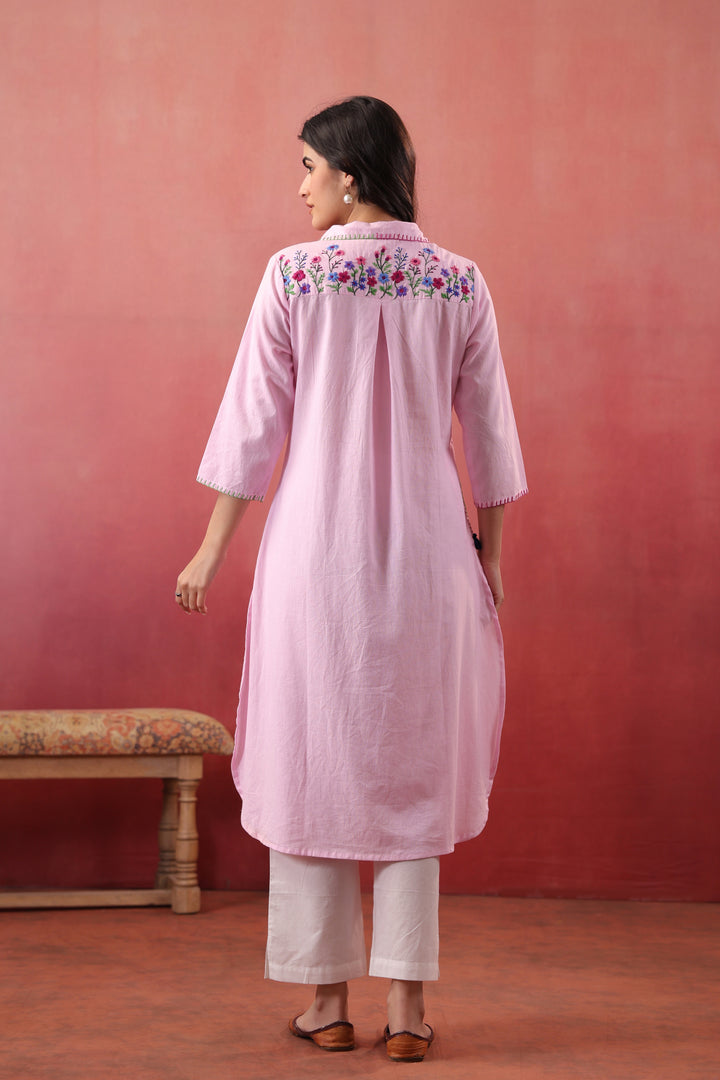 Pink Cotton Embroidered Designer Kurta