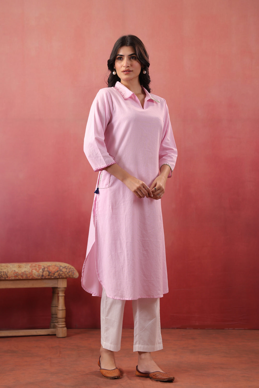 Pink Cotton Embroidered Designer Kurta