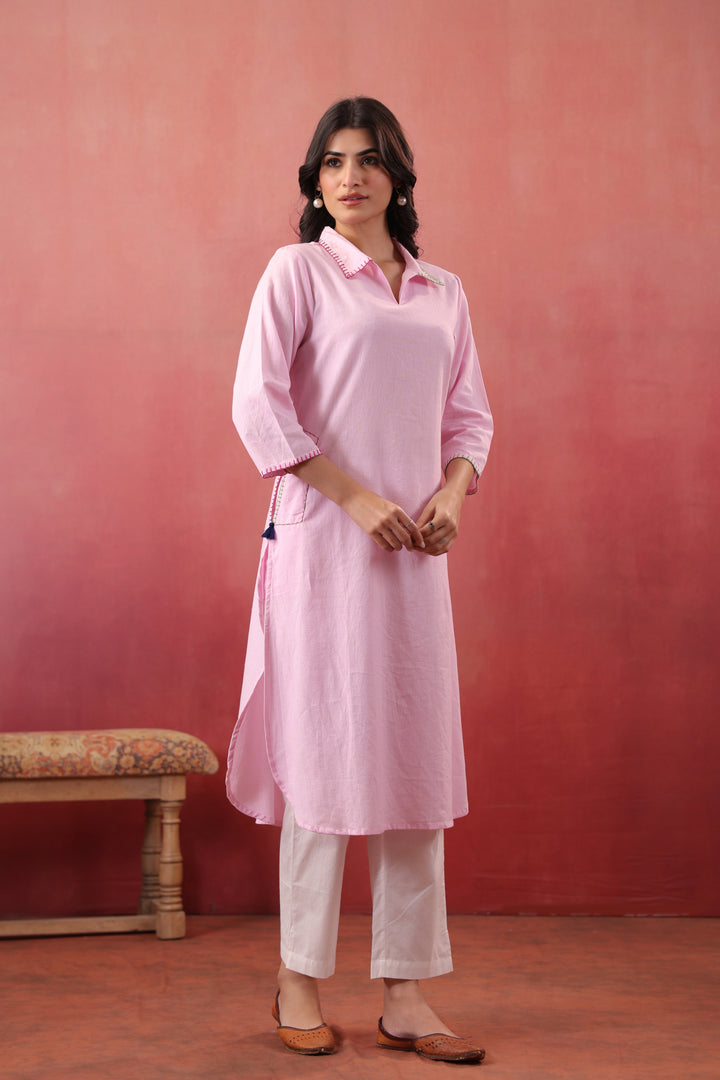 Pink Cotton Embroidered Designer Kurta