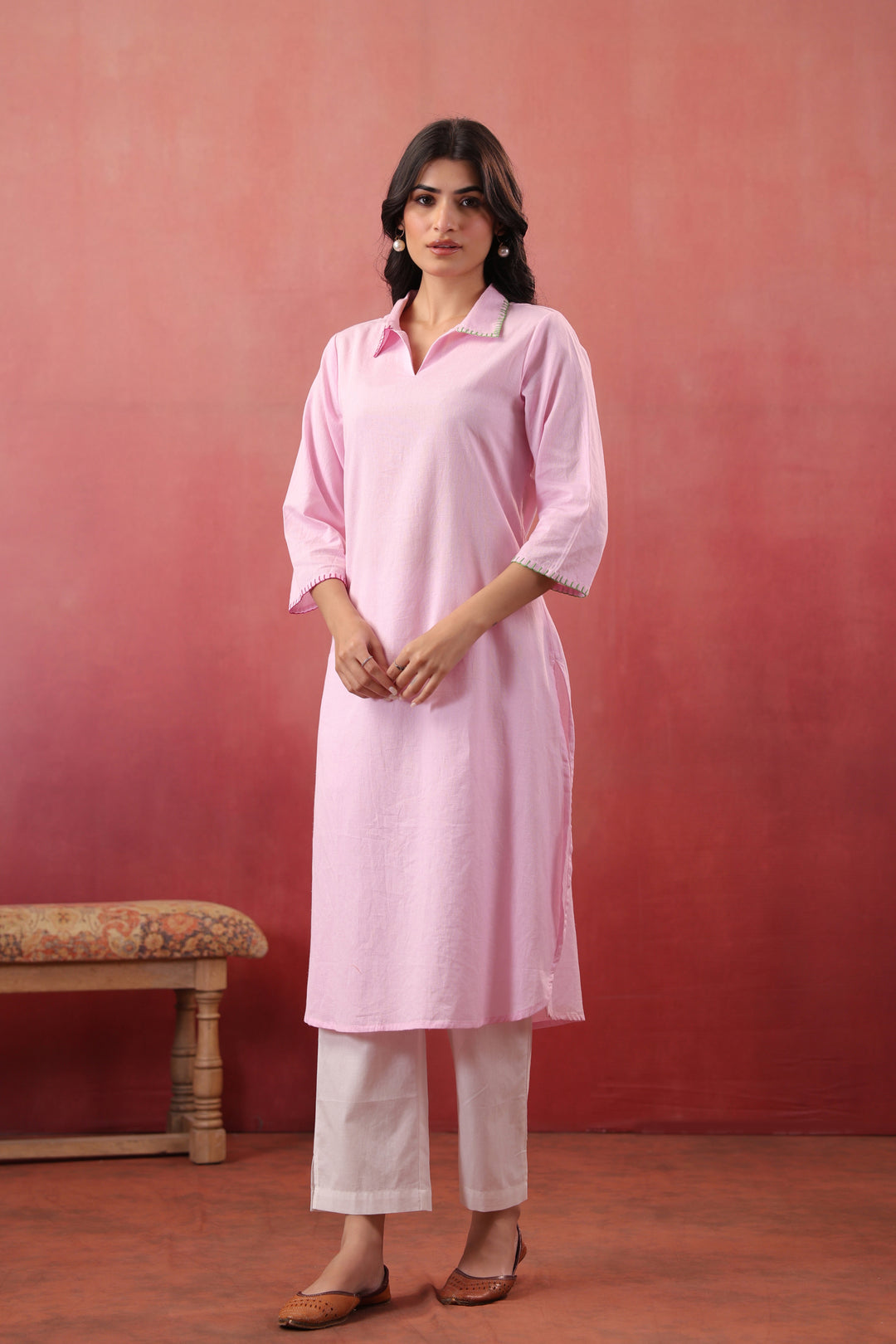 Pink Cotton Embroidered Designer Kurta