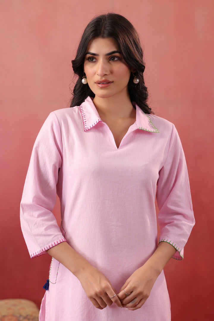 Pink Cotton Embroidered Designer Kurta