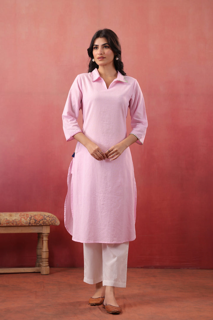 Pink Cotton Embroidered Designer Kurta