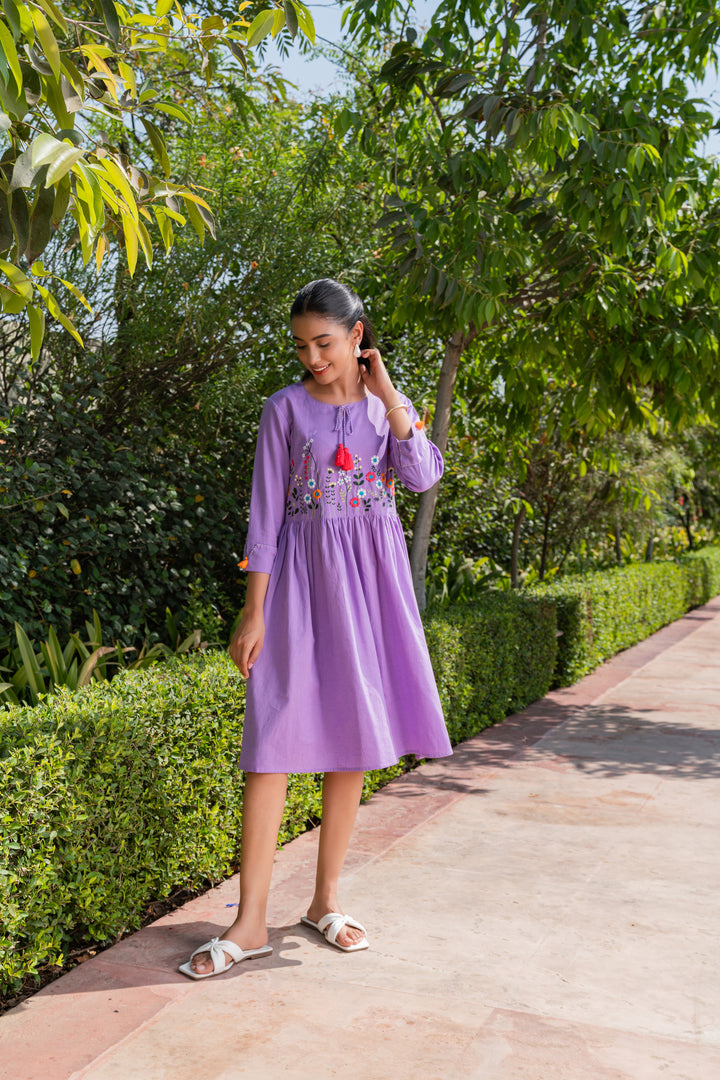Lavender Cotton Embroidered Designer Midi Dress