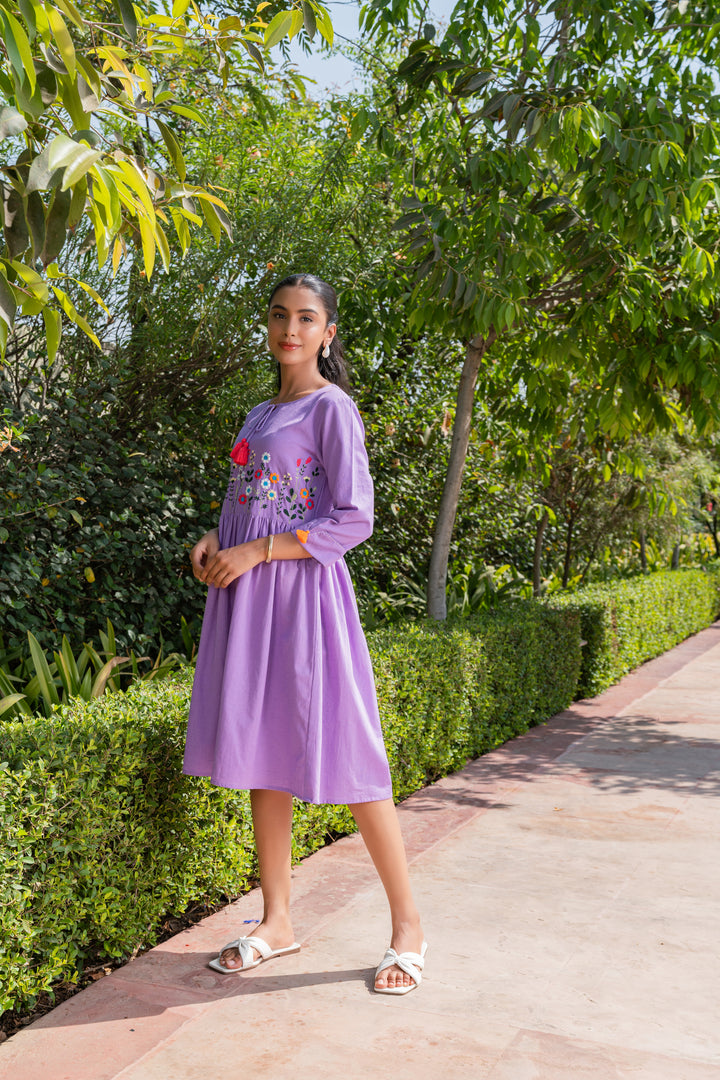 Lavender Cotton Embroidered Designer Midi Dress