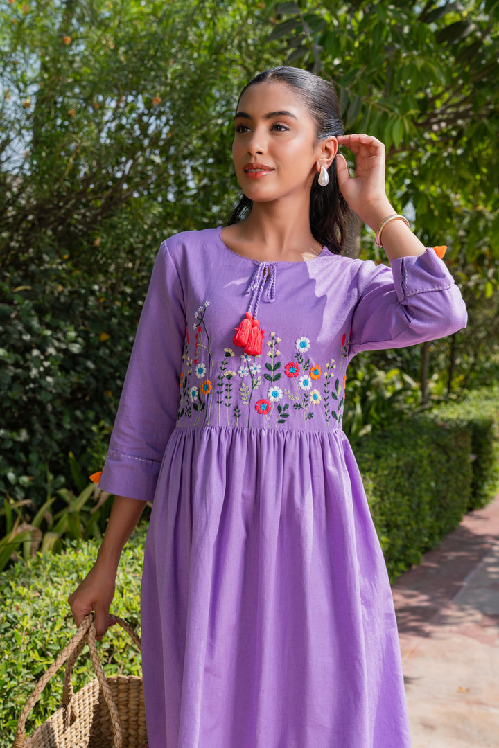 Lavender Cotton Embroidered Designer Midi Dress