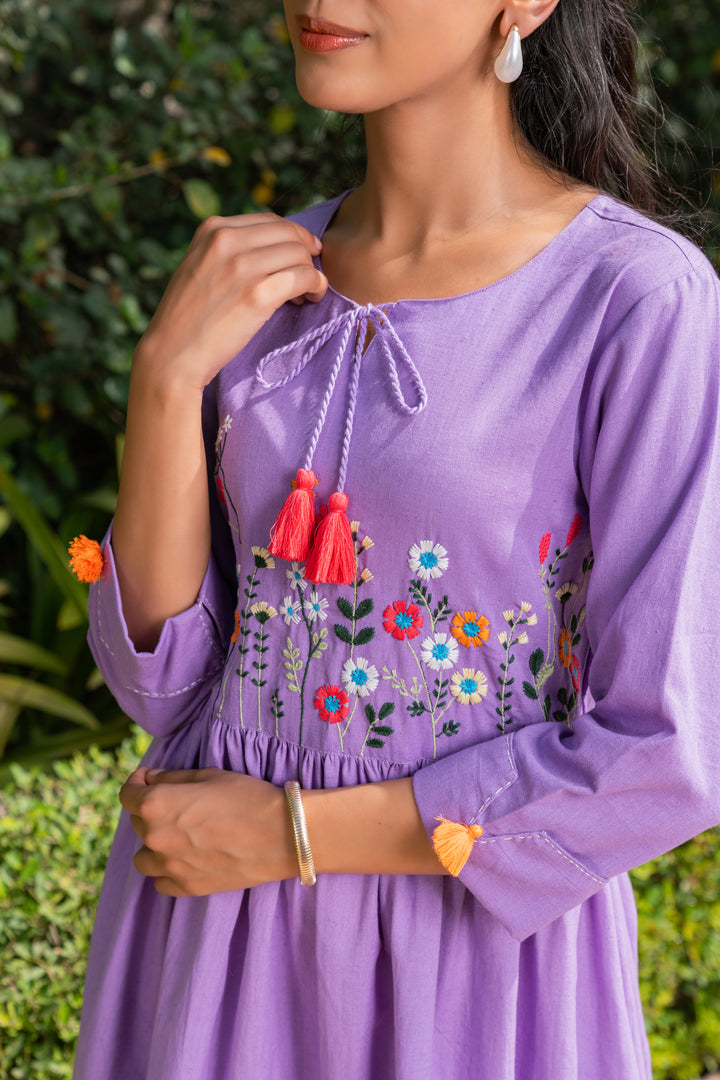 Lavender Cotton Embroidered Designer Midi Dress