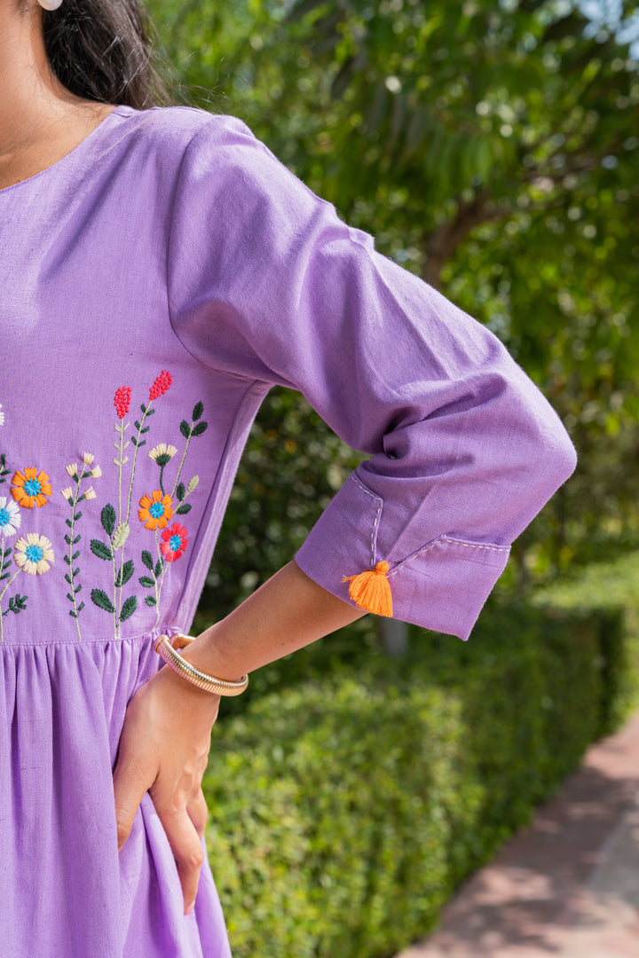 Lavender Cotton Embroidered Designer Midi Dress