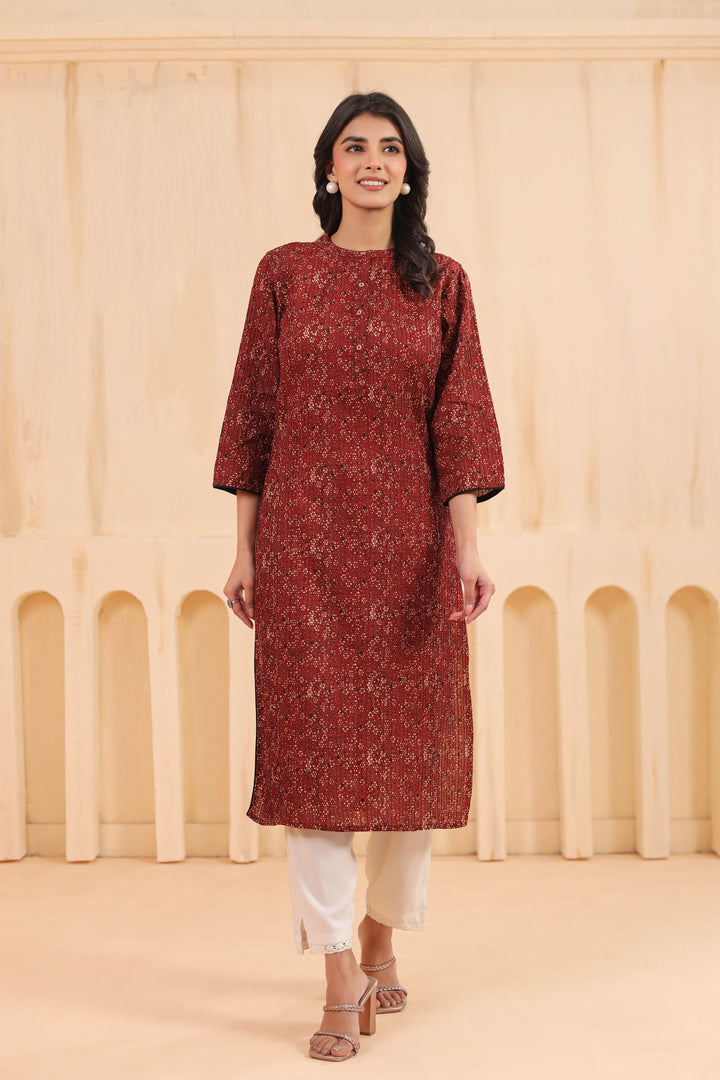 Maroon Cotton Pintuck Printed Straight Kurta