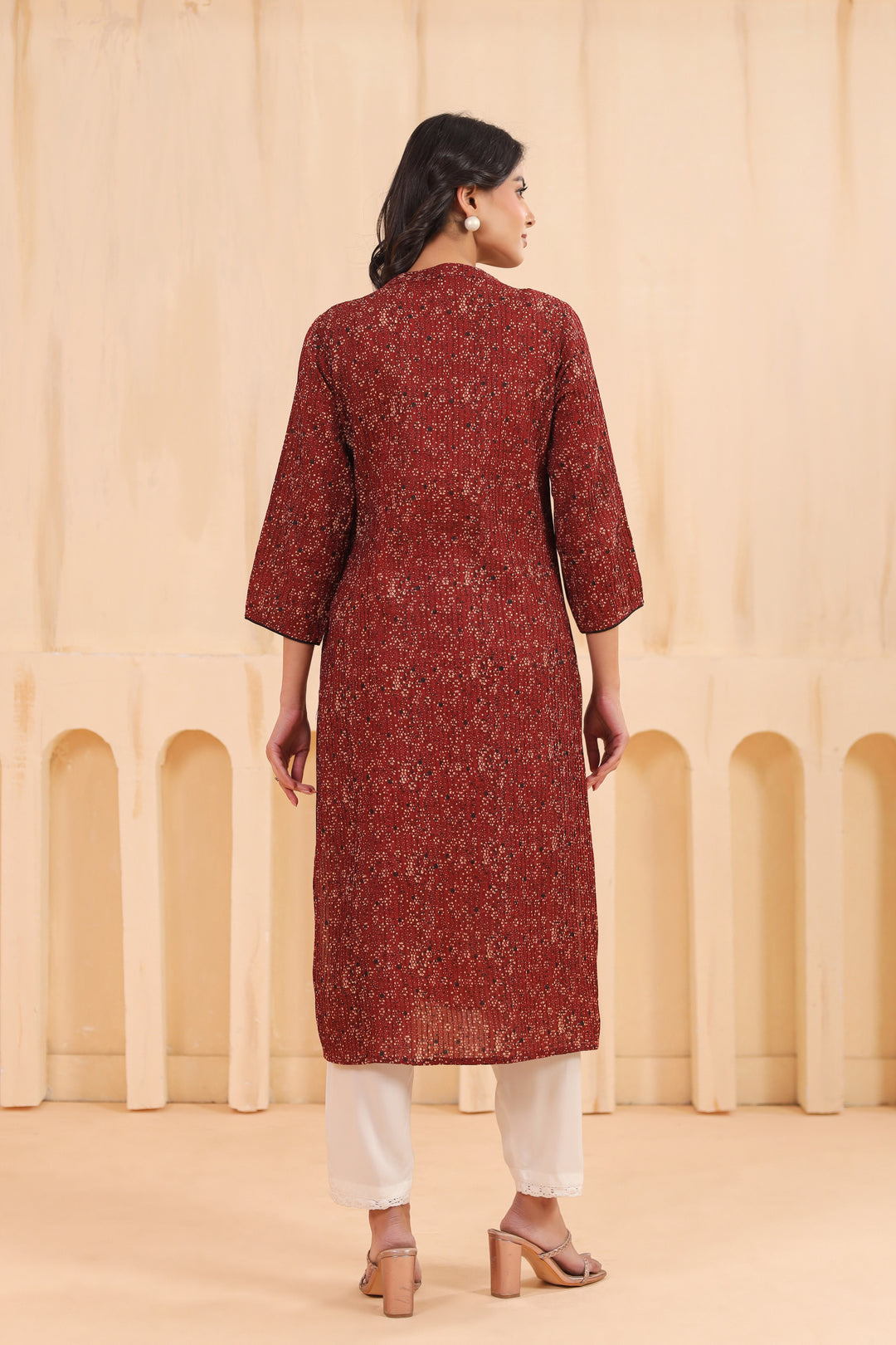 Maroon Cotton Pintuck Printed Straight Kurta