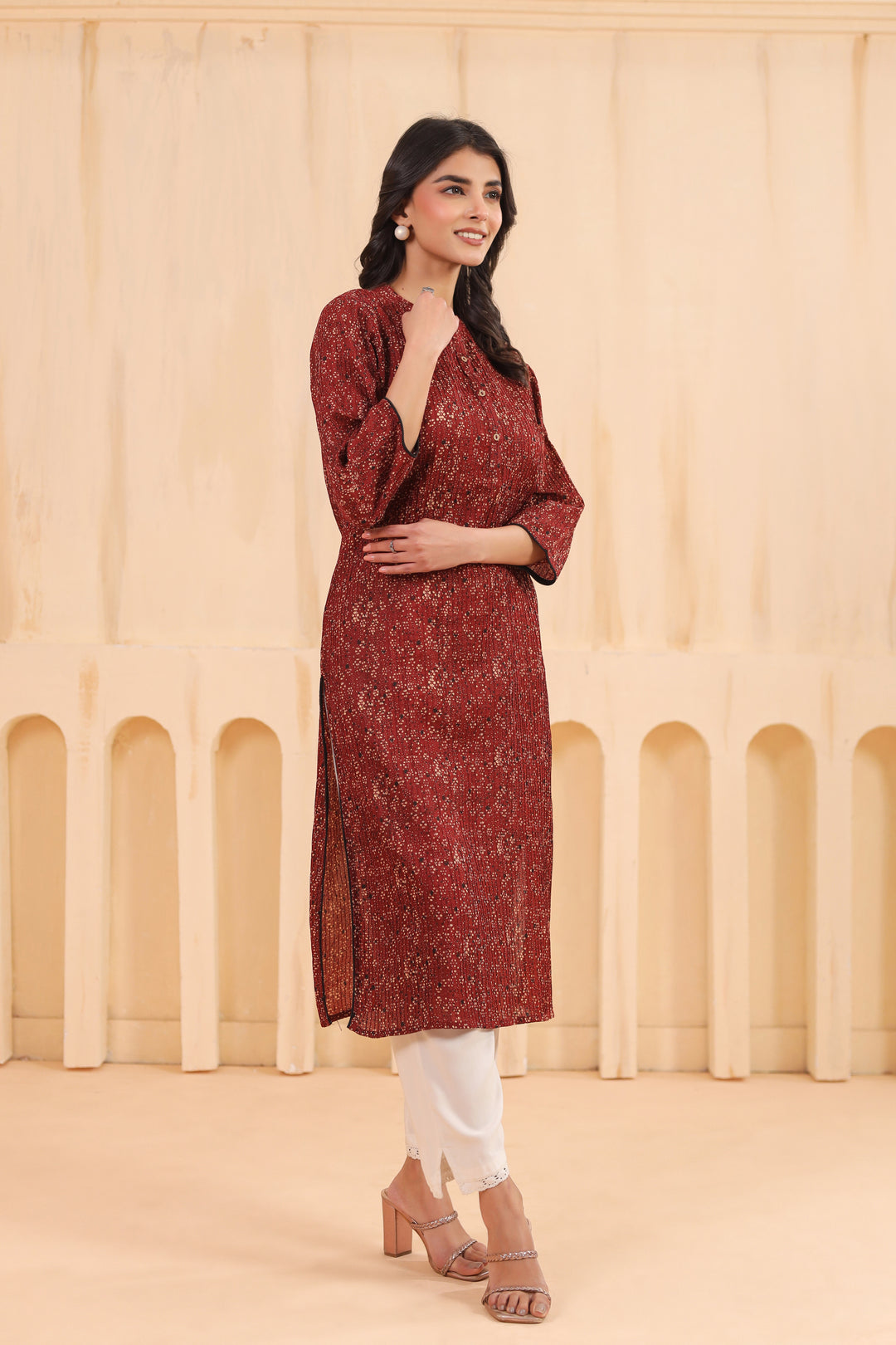Maroon Cotton Pintuck Printed Straight Kurta