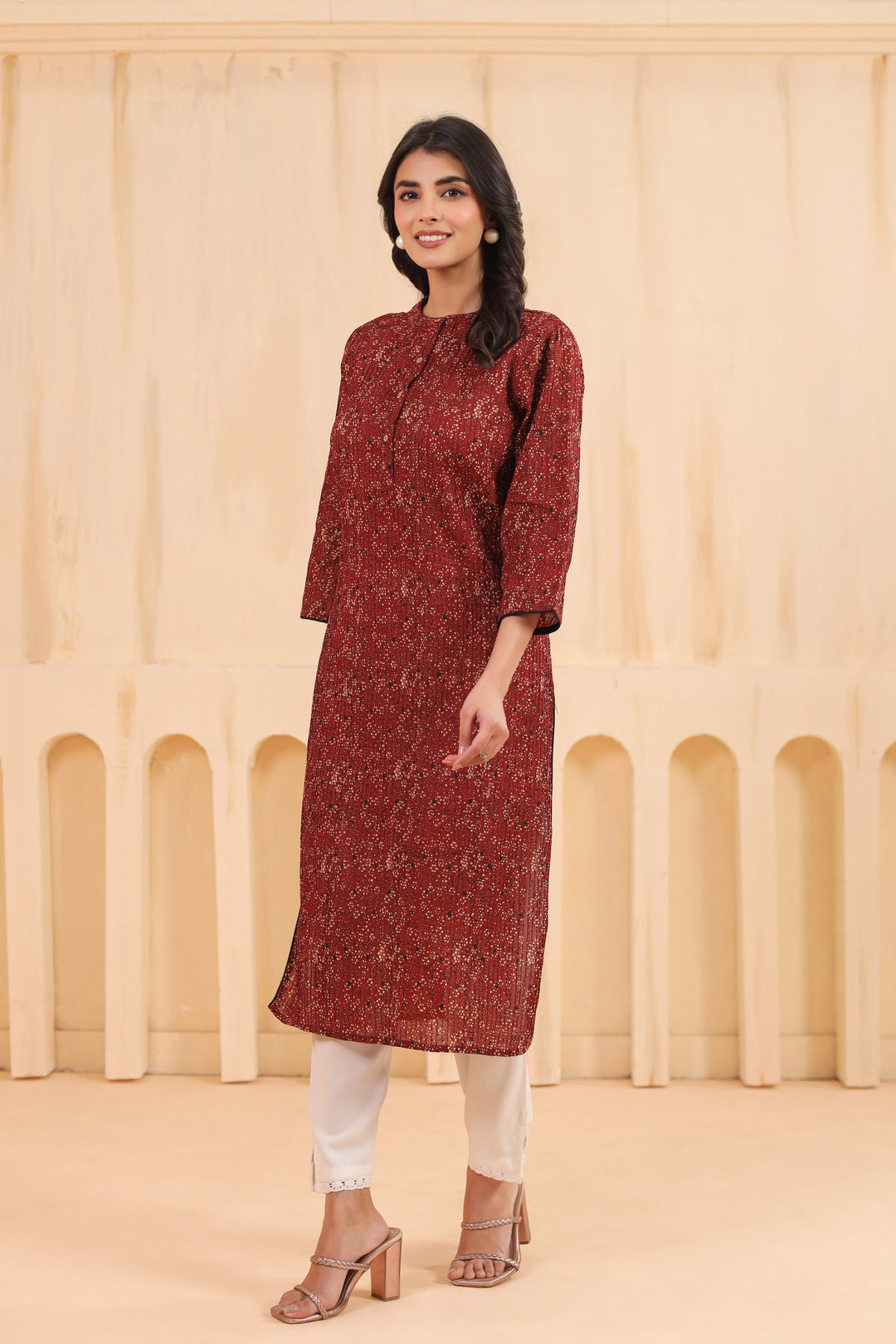 Maroon Cotton Pintuck Printed Straight Kurta