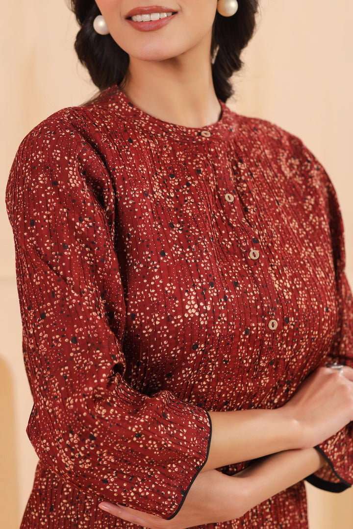 Maroon Cotton Pintuck Printed Straight Kurta