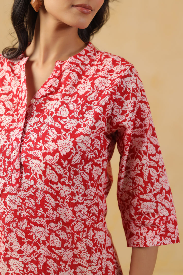 Red Cotton Floral Printed Straight Top