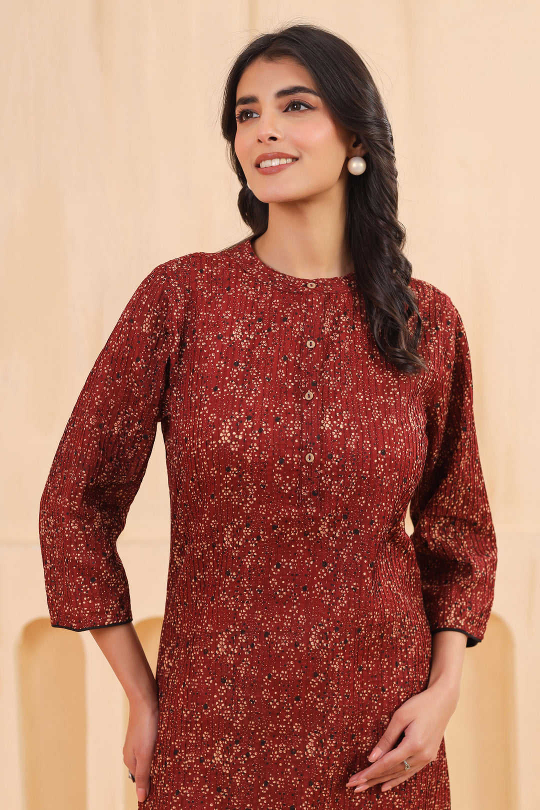 Maroon Cotton Pintuck Printed Straight Kurta