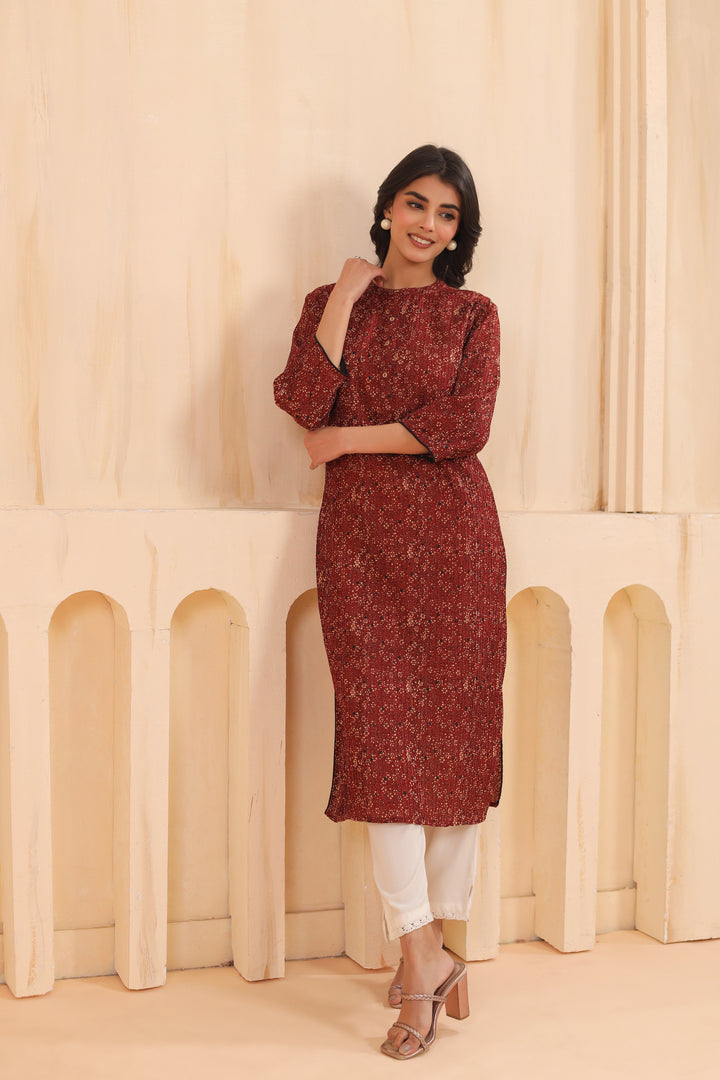 Maroon Cotton Pintuck Printed Straight Kurta