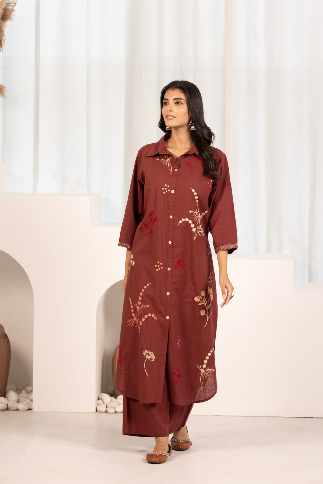 Maroon Cotton Embroidered Designer Kurta Pant Set
