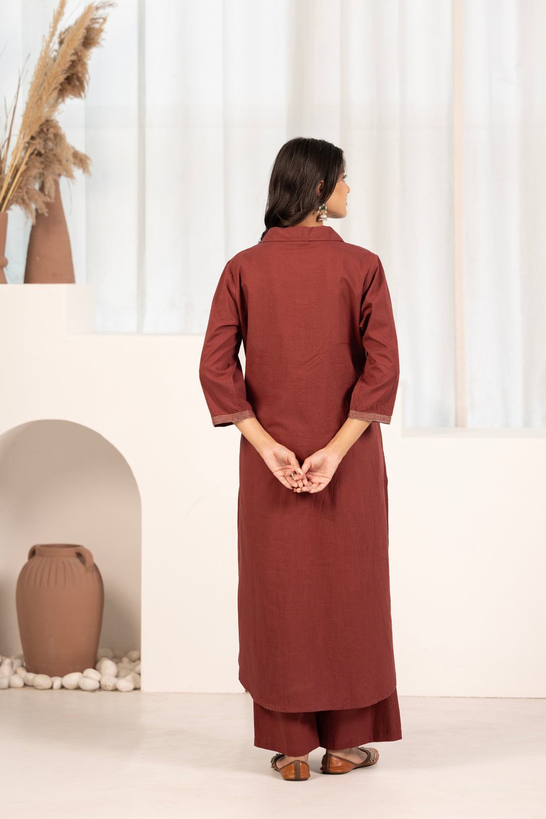 Maroon Cotton Embroidered Designer Kurta Pant Set