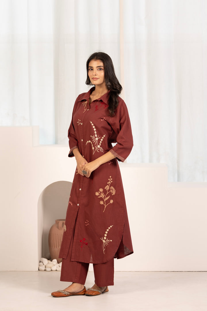 Maroon Cotton Embroidered Designer Kurta Pant Set