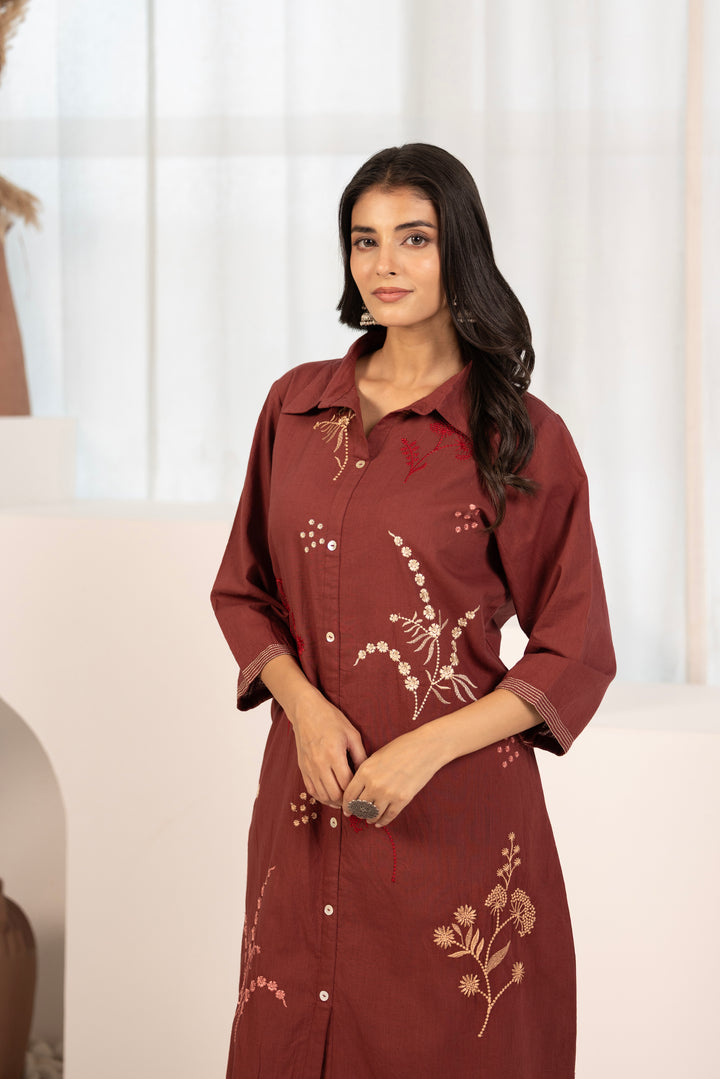 Maroon Cotton Embroidered Designer Kurta Pant Set