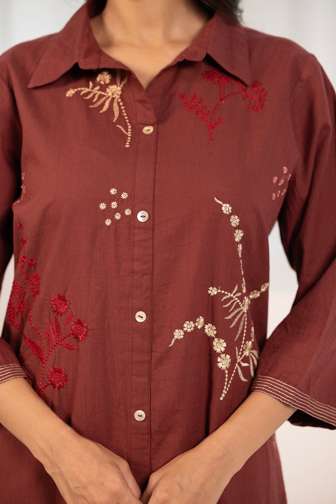 Maroon Cotton Embroidered Designer Kurta Pant Set