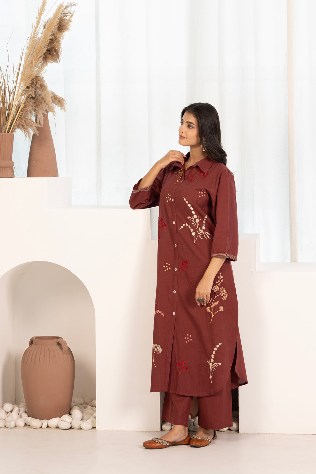 Maroon Cotton Embroidered Designer Kurta Pant Set