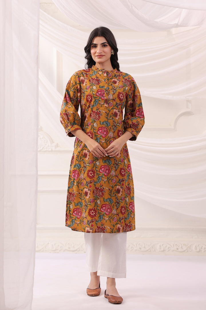 Mustard Cotton Printed Designer Kurta