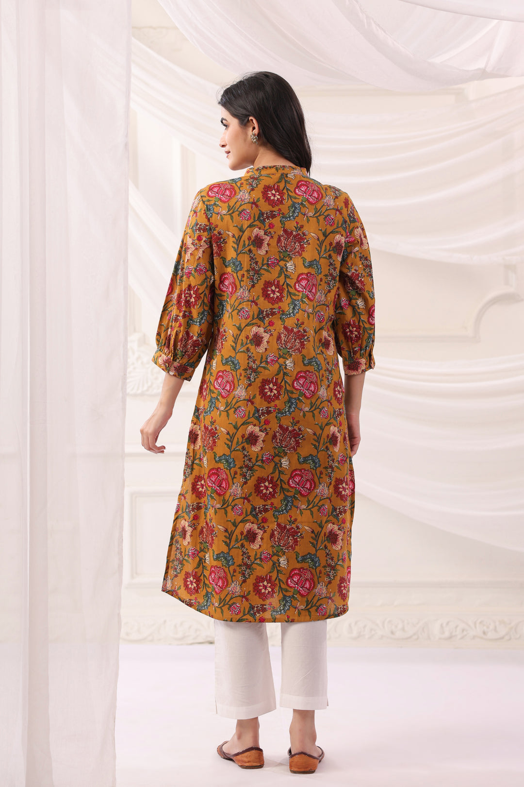 Mustard Cotton Printed Designer Kurta