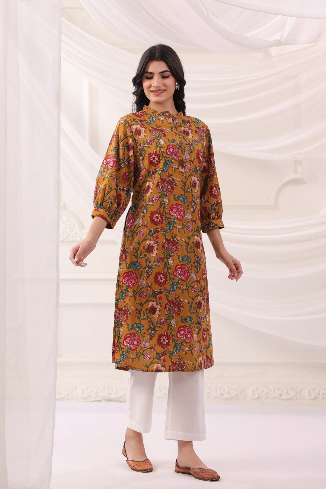 Mustard Cotton Printed Designer Kurta