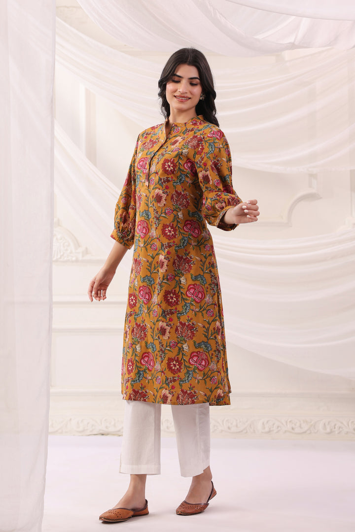 Mustard Cotton Printed Designer Kurta