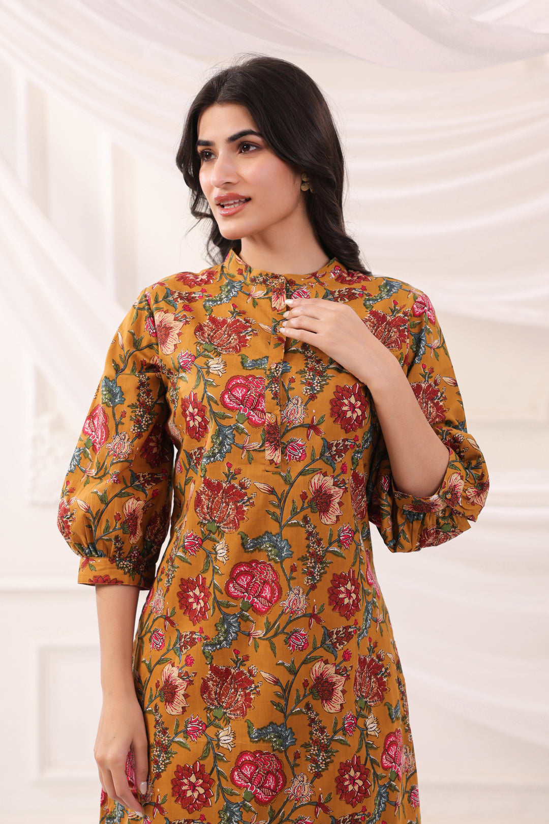Mustard Cotton Printed Designer Kurta