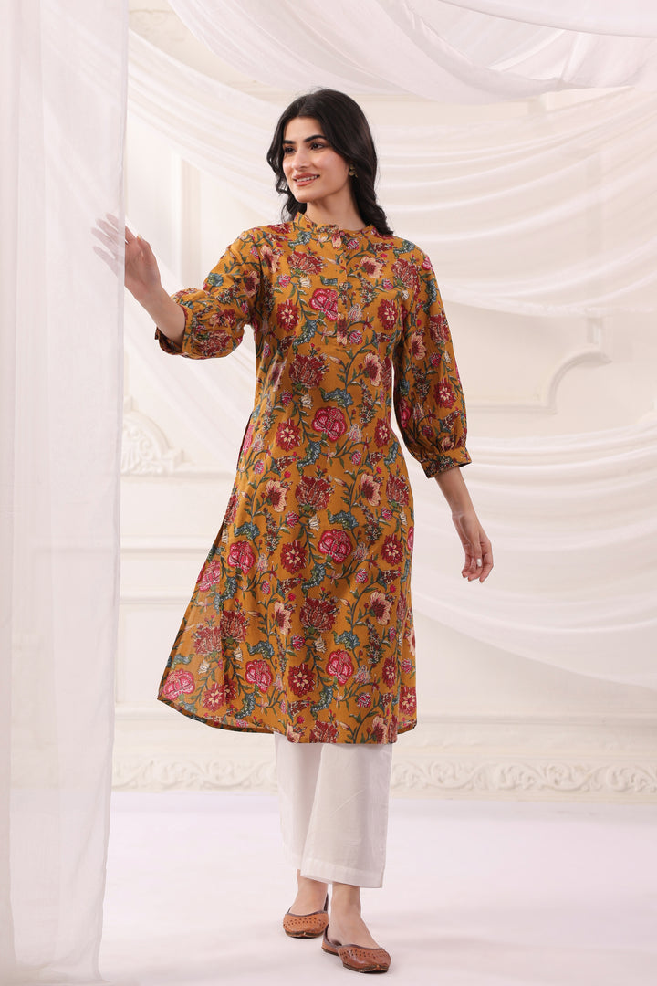 Mustard Cotton Printed Designer Kurta