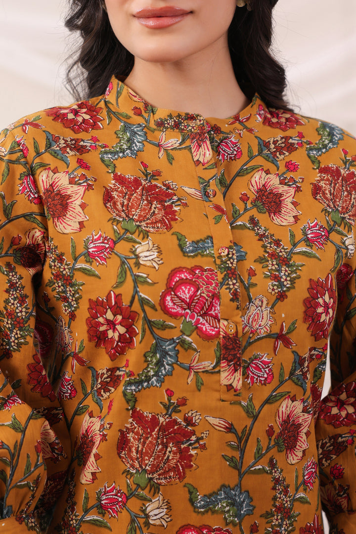 Mustard Cotton Printed Designer Kurta