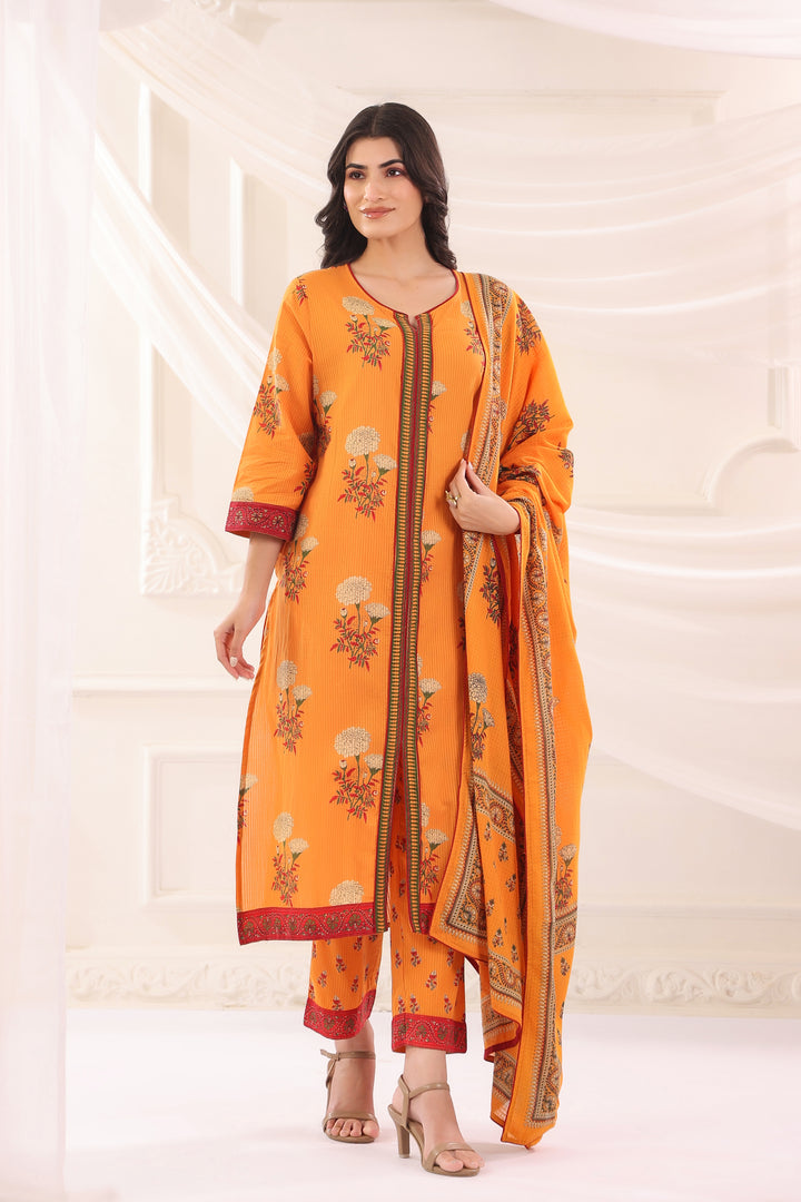 Mustard Cotton Floral Printed Kurta Pant  With Dupatta Set