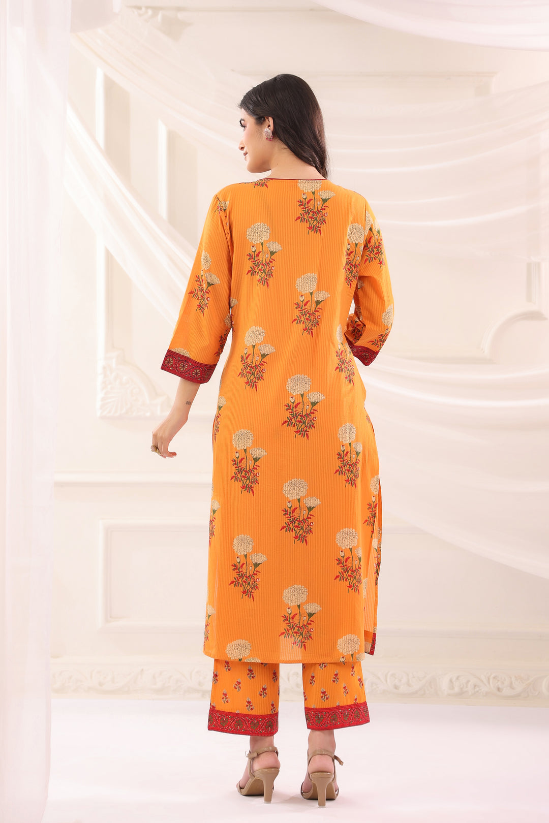 Mustard Cotton Floral Printed Kurta Pant  With Dupatta Set