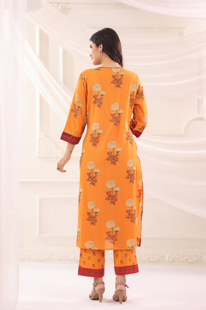Mustard Cotton Floral Printed Kurta Pant  With Dupatta Set