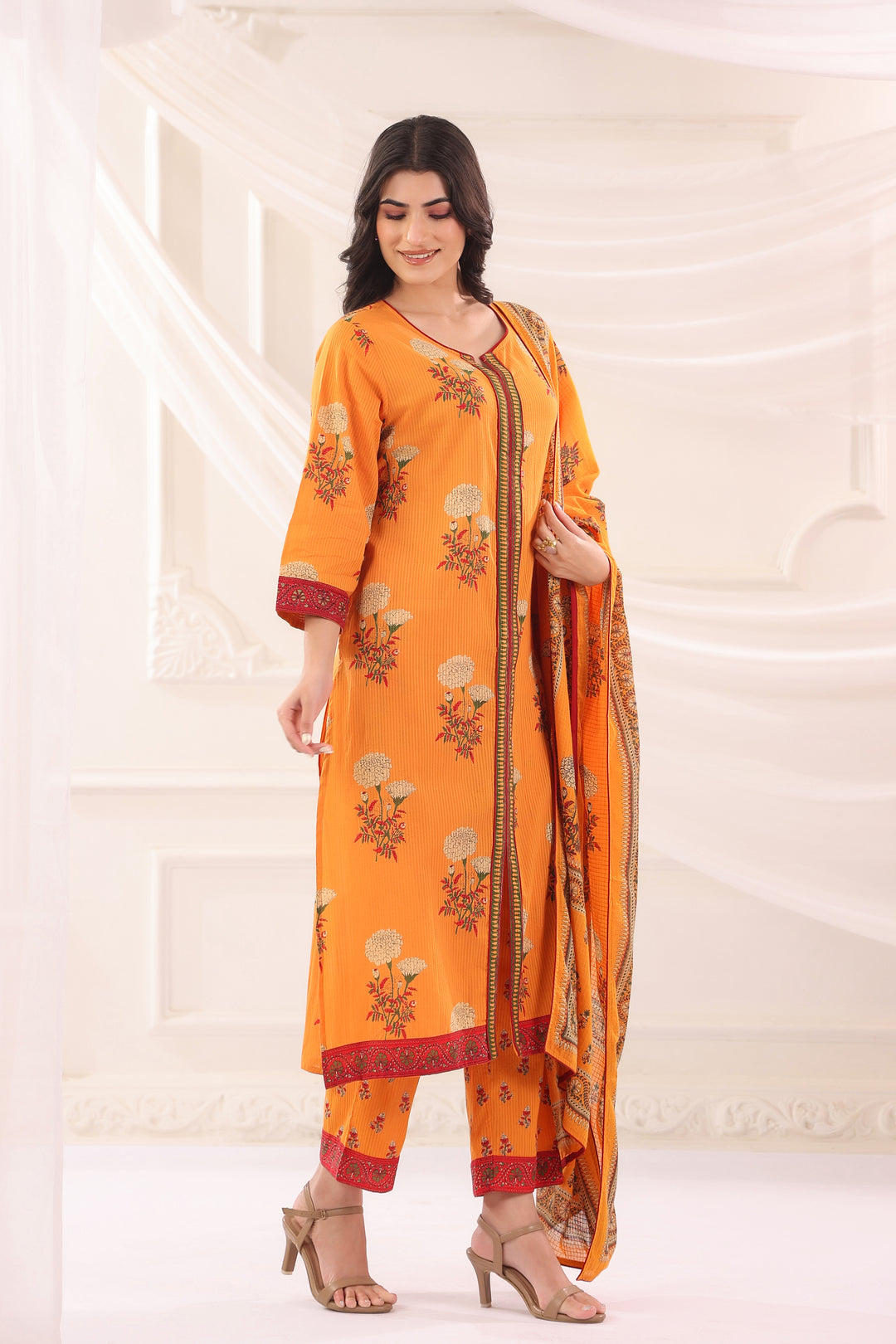 Mustard Cotton Floral Printed Kurta Pant  With Dupatta Set