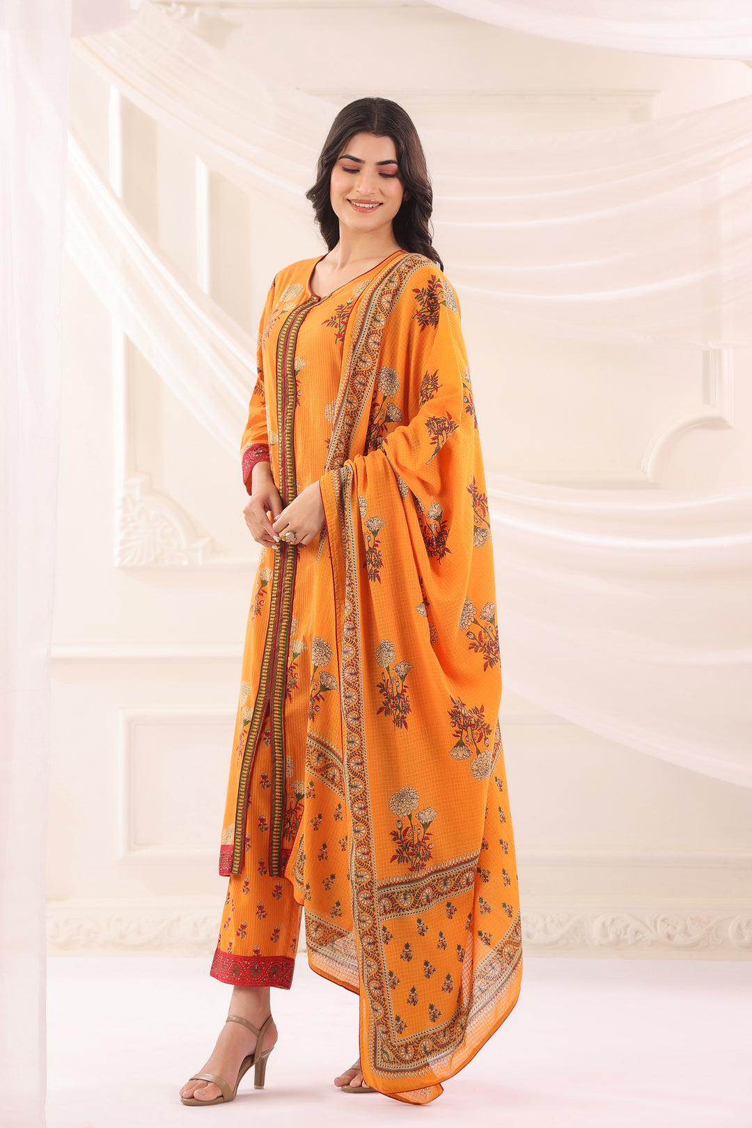 Mustard Cotton Floral Printed Kurta Pant  With Dupatta Set