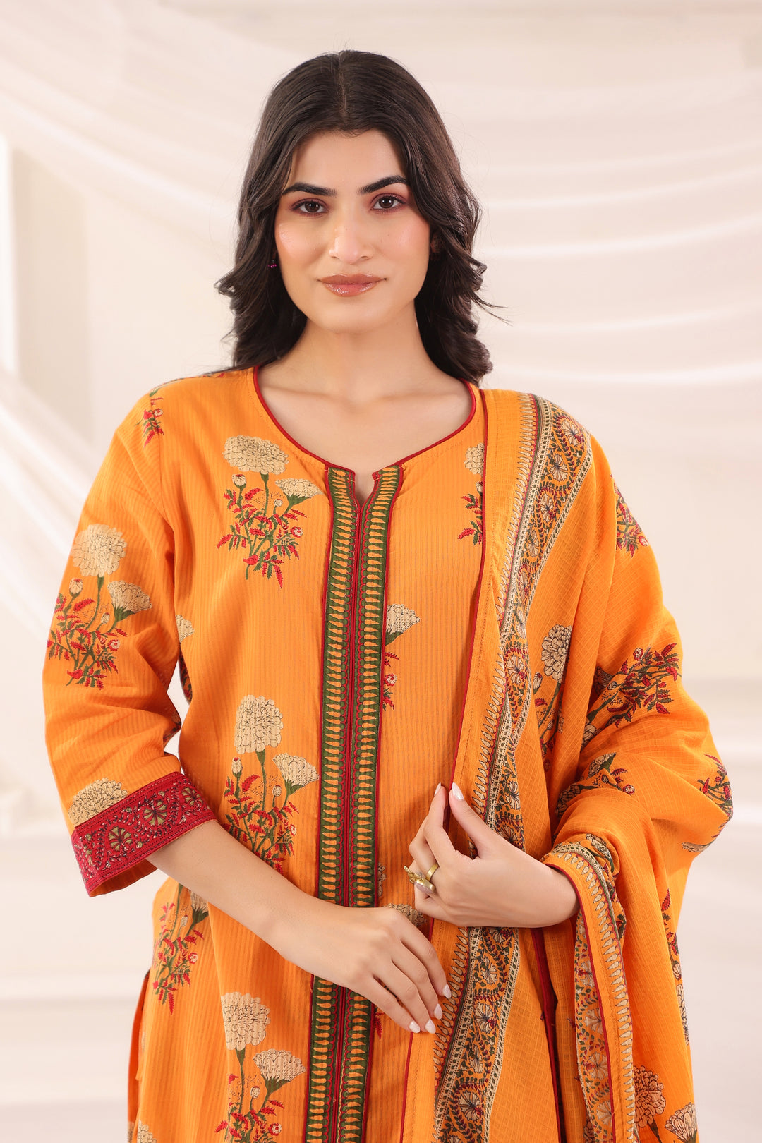 Mustard Cotton Floral Printed Kurta Pant  With Dupatta Set