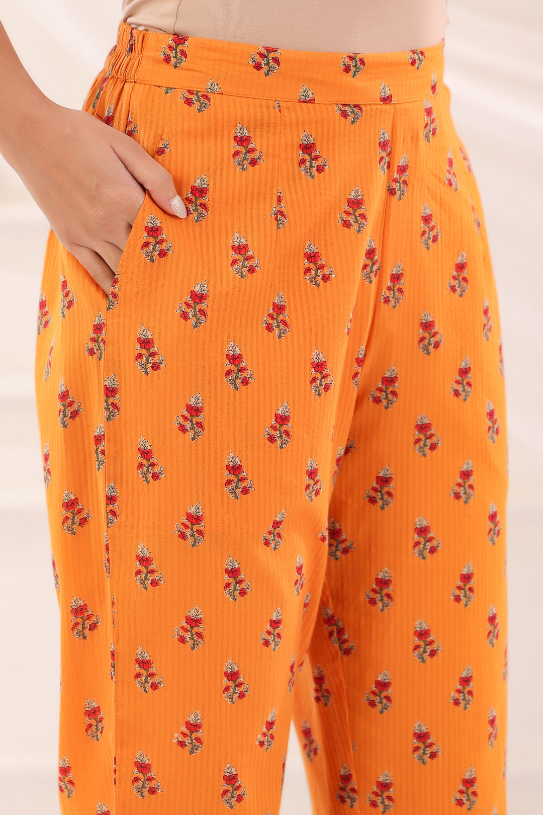 Mustard Cotton Floral Printed Kurta Pant  With Dupatta Set