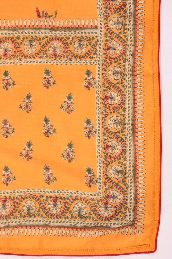 Mustard Cotton Floral Printed Kurta Pant  With Dupatta Set
