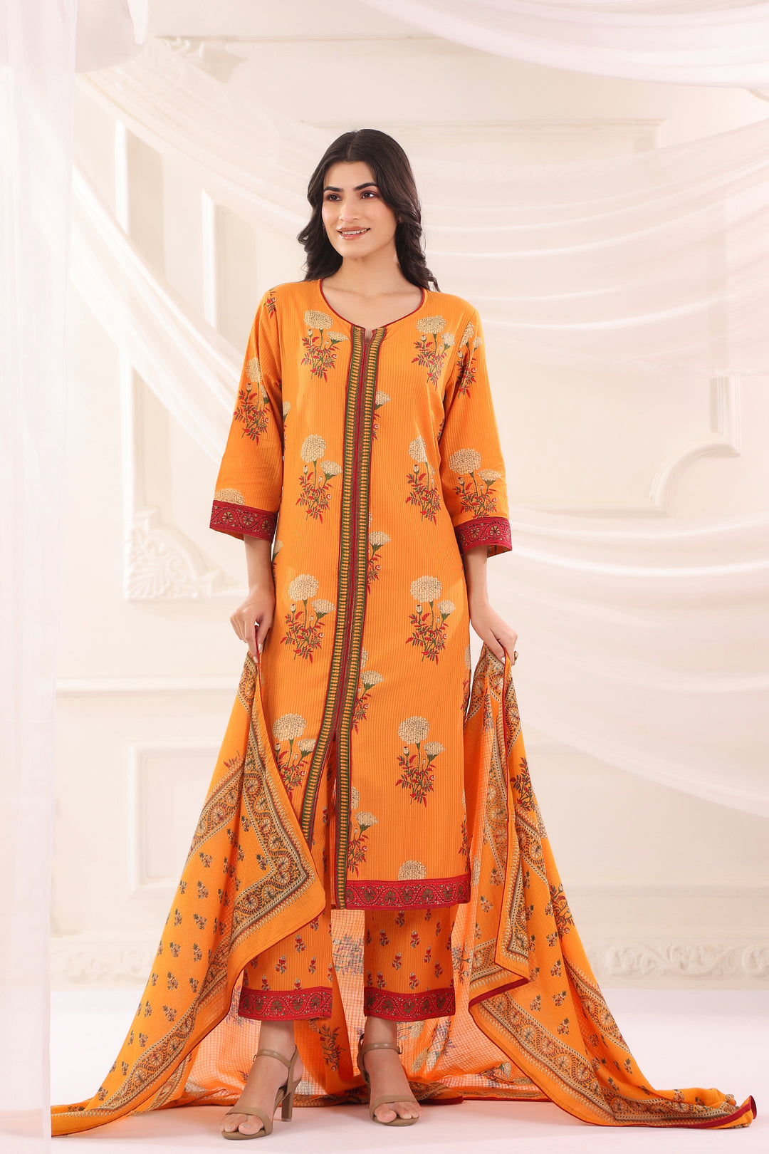 Mustard Cotton Floral Printed Kurta Pant  With Dupatta Set