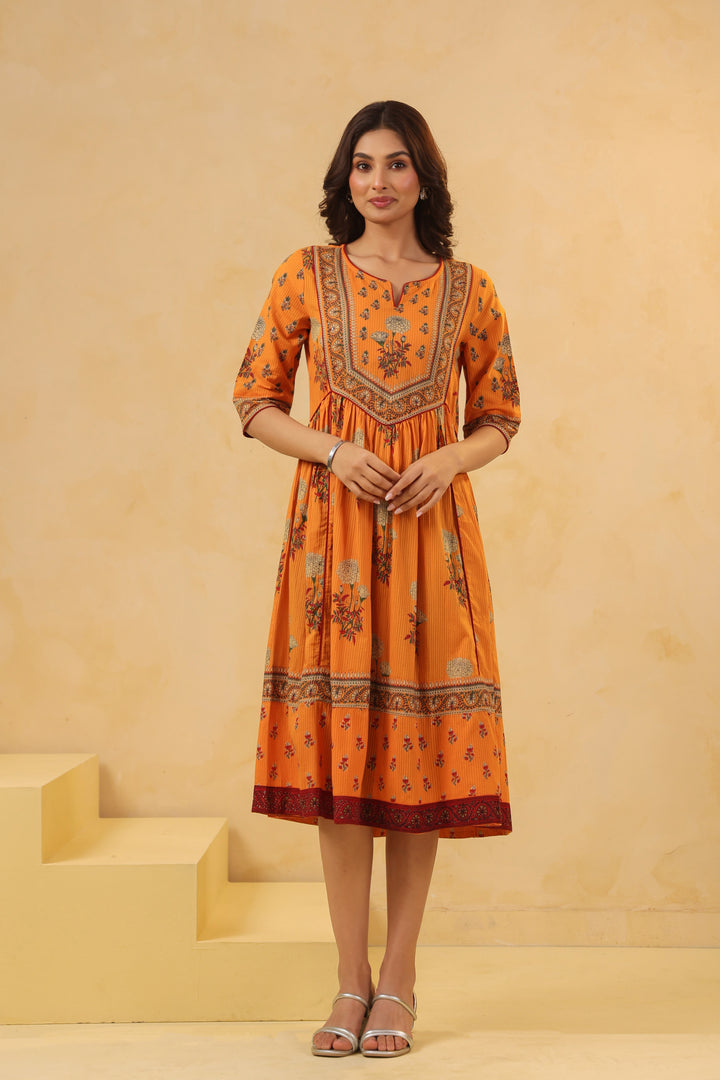 Mustard Cotton Floral Printed Flared Dress