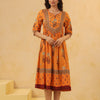 Mustard Cotton Floral Printed Flared Dress